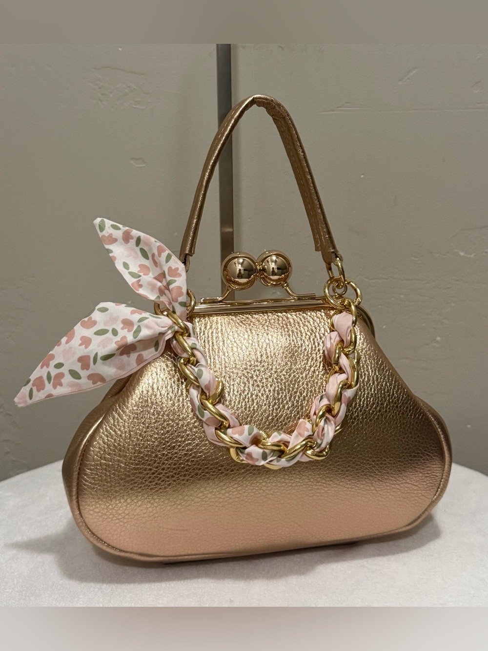 Rose Gold Cowhide Calfskin Handmade Kiss-lock Frame Bag, Multi Use Style ,